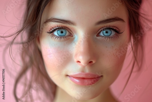 Captivating Blue Eyes and Freckles on a Young Woman Against Pink Background