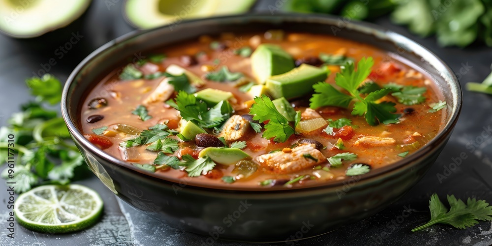 Slow-Cooked Chicken Taco Soup Topped with Fresh Cilantro and Avocado Slow-Cooked Chicken Taco Soup Topped with Fresh Cilantro and Avocado