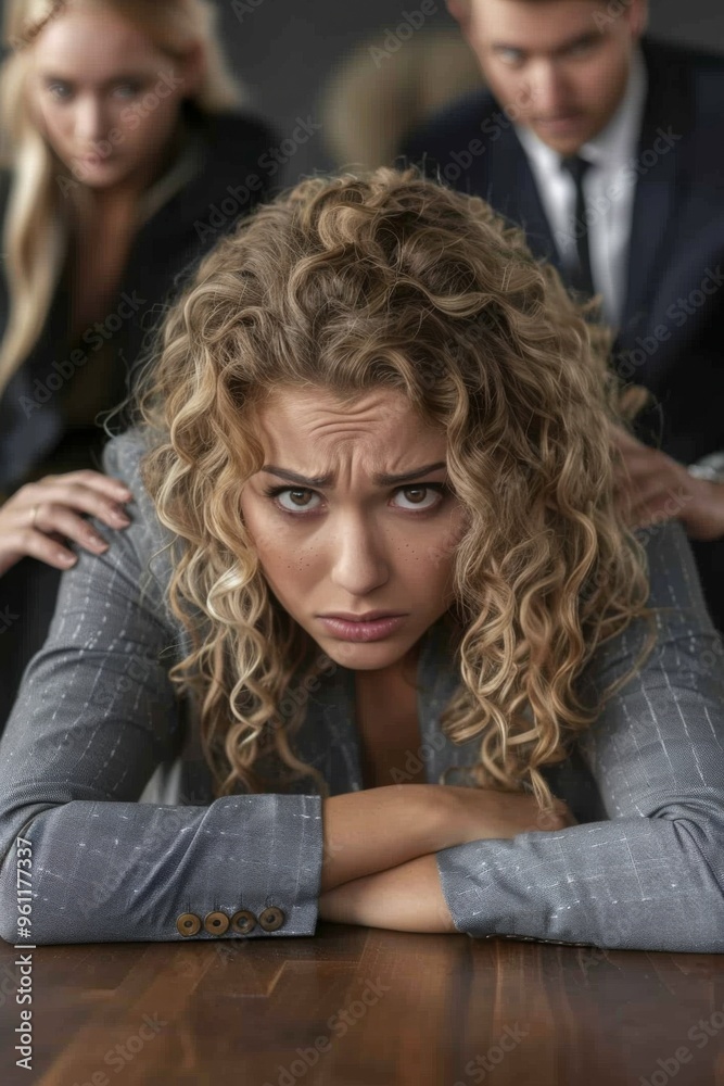Focused Businesswoman with Team in Background in Corporate Setting Focused Businesswoman with Team in Background in Corporate Setting