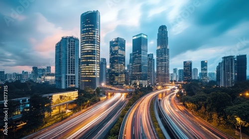 A blurry cityscape with cars and a palm tree in the background. Scene is busy and fast-paced, with the cars moving quickly down the highway