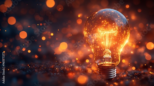 A glowing light bulb on a dark background with bokeh lights.