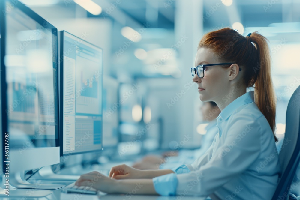 Professional Data Analyst Focused on Multiple Computer Screens in High-Tech Office