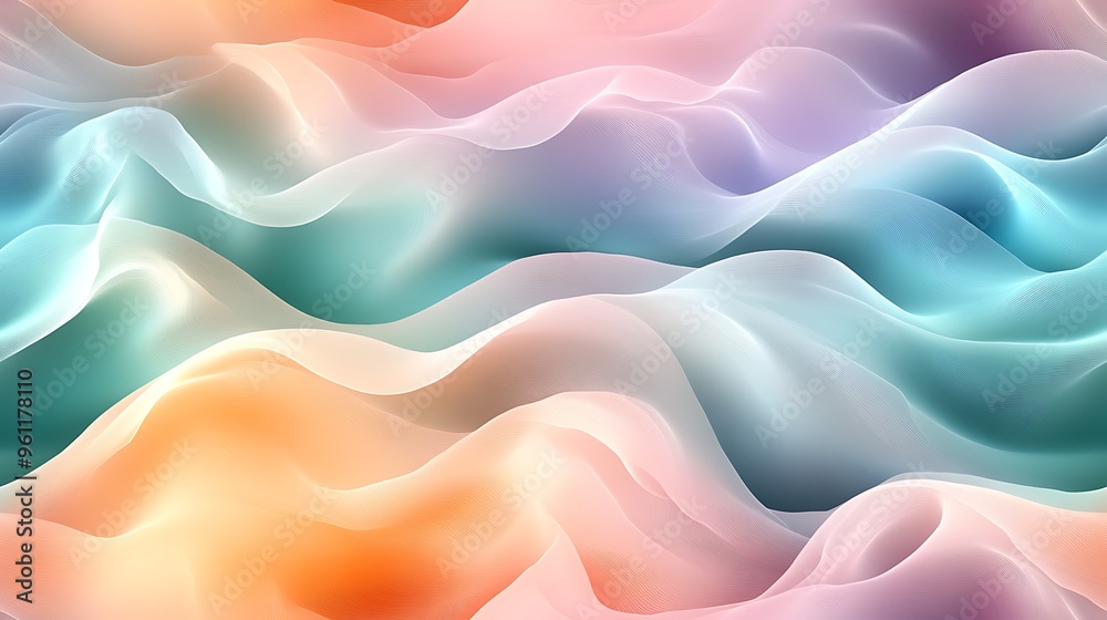 Obraz premium A gentle abstract wave pattern in pastel tones of light teal, peach, and lavender, with flowing lines creating a fluid, harmonious design that blends softly into each other --ar 16:9 --no logo --tile