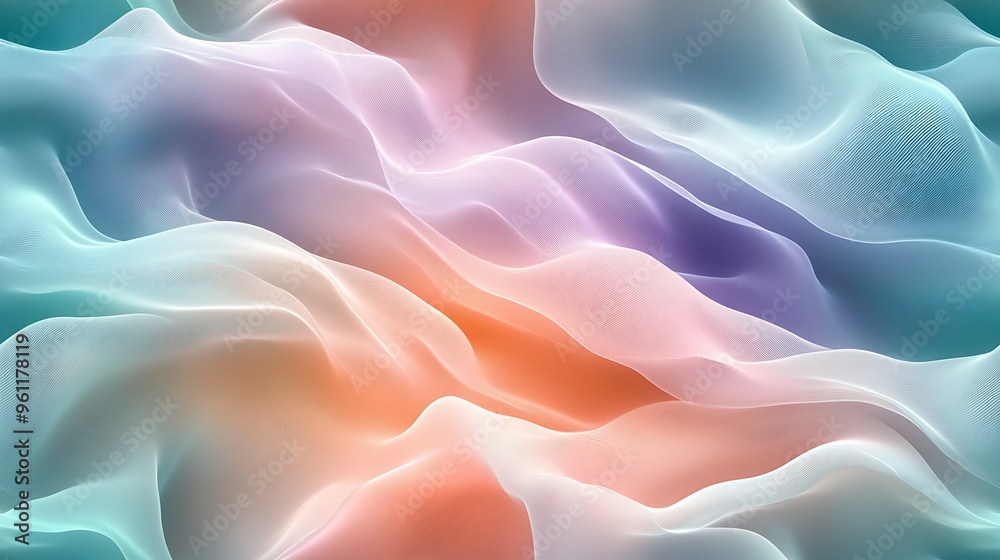 Fototapeta premium A gentle abstract wave pattern in pastel tones of light teal, peach, and lavender, with flowing lines creating a fluid, harmonious design that blends softly into each other --ar 16:9 --no logo --tile