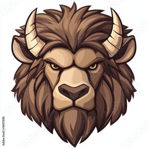 Fierce lion head illustration with detailed fur and intense expression