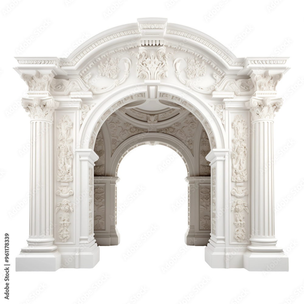 Naklejka premium Elegant white marble architectural arch with detailed columns and carvings