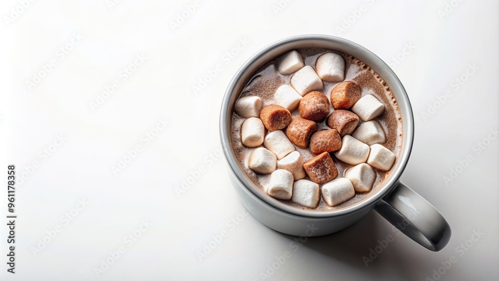 hot chocolate, relaxation, top-down view, white background, hot drink, Hot chocolate with marshmallows in a stylish grey ceramic mug shot from a top down perspective white background hot chocolate, relaxation, top-down view, white background, hot drink, Hot chocolate with marshmallows in a stylish grey ceramic mug shot from a top down perspective white background