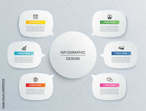 Infographics bubble data with 6 number template. Illustration business abstract background.