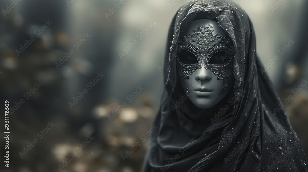 A masked individual draped in a hooded cloak stands against a blurred, misty backdrop. The detailed mask and subtle lighting evoke a sense of mystery and intrigue, perfect for dark or fantasy themes. A masked individual draped in a hooded cloak stands against a blurred, misty backdrop. The detailed mask and subtle lighting evoke a sense of mystery and intrigue, perfect for dark or fantasy themes.