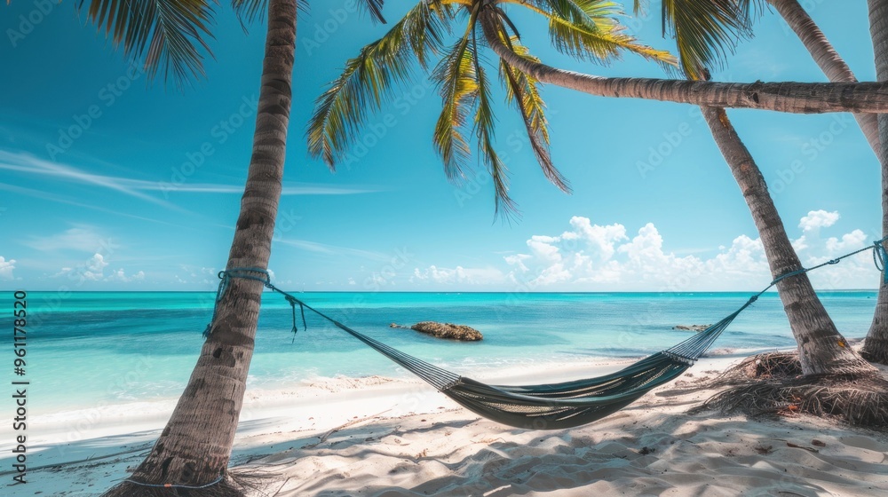 Fototapeta premium Beautiful tropical beach view with hammocks in palm trees