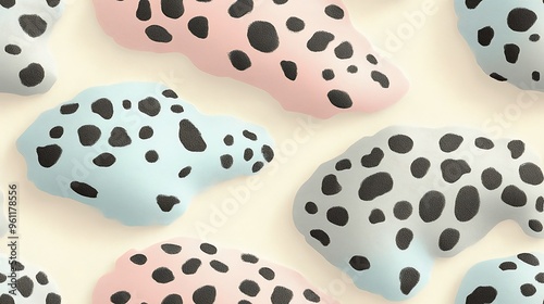 A pastel animal print pattern with subtle leopard spots in pale pink, soft gray, and baby blue, blended over a cream-colored background, photo
