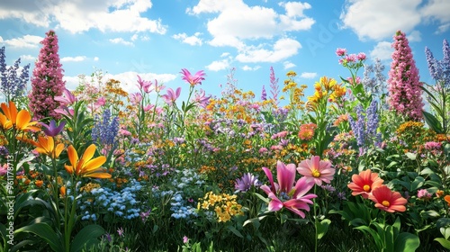 Organic flower garden, vibrant blooms in full array, 3D illustration