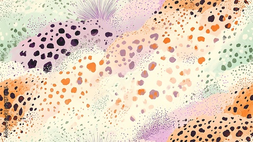 A pastel cheetah print pattern in muted peach, soft lavender, and pale mint green, with gentle spots spread on a smooth, light cream background, creating a subtle, photo