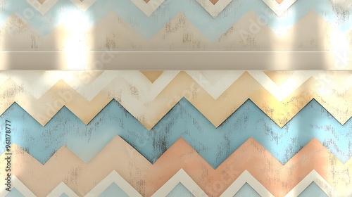 A pastel chevron design featuring zigzag lines in muted tones of peach, baby blue, and pale yellow, photo