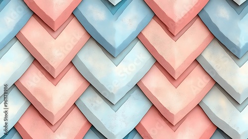 A pastel chevron stripe pattern featuring soft pink, pale blue, and light coral zigzags, arranged symmetrically in horizontal stripes, photo