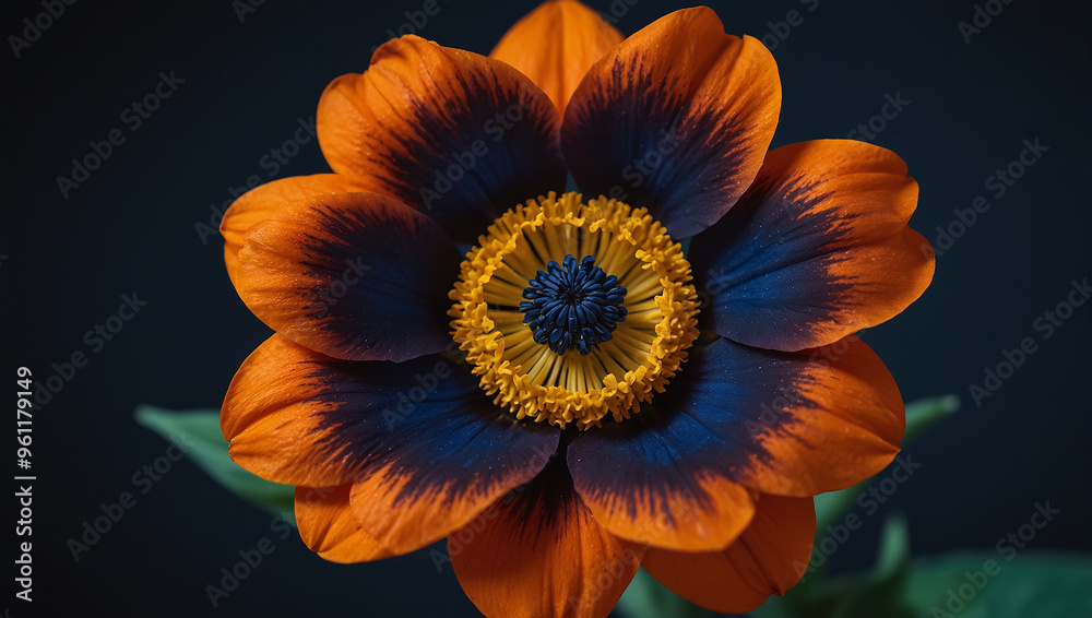 An orange flower with dark center, on a dark blue background.
An orange flower with dark center, on a dark blue background.