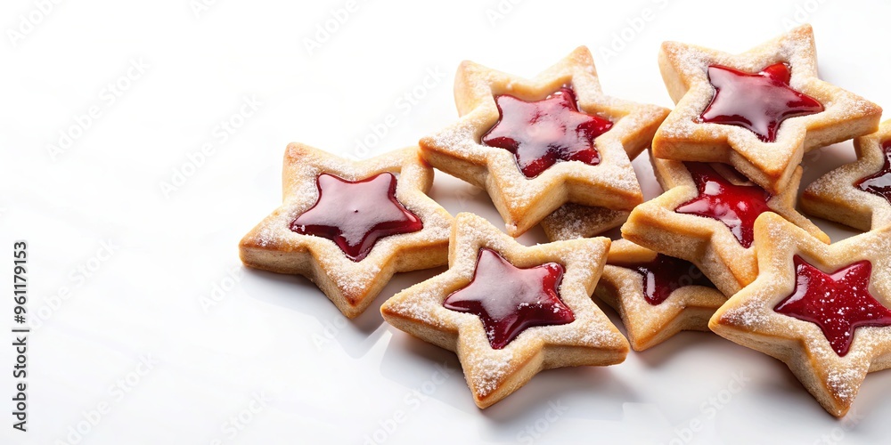 Strawberry jam filled short pastry stars on a white background Strawberry jam filled short pastry stars on a white background