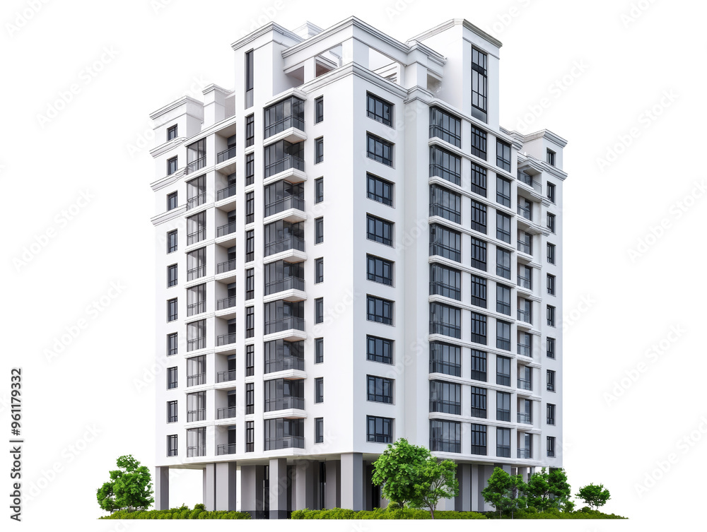 Modern white apartment building with balconies and green landscaping Modern white apartment building with balconies and green landscaping