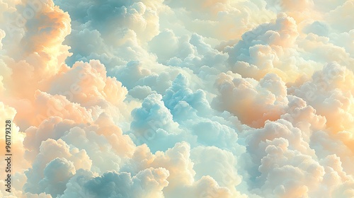 A pastel cloud pattern with gentle clouds in muted tones of soft blue, light peach, and pale yellow, drifting seamlessly across a pale cream sky, photo