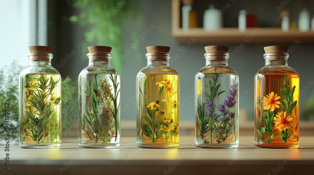 Organic herb-infused oils, bottles with herbs inside, 3D illustration