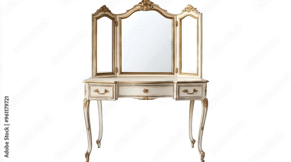 Elegant white wooden dressing table with ornate mirror and decorative legs, on a white background Elegant white wooden dressing table with ornate mirror and decorative legs, on a white background