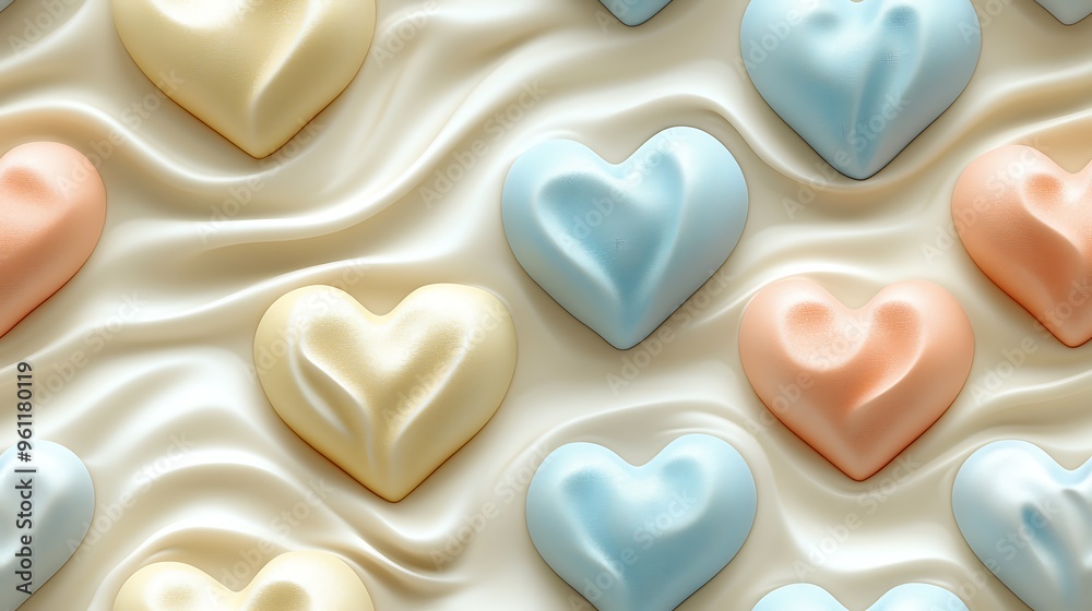 A pastel heart pattern with hearts in soft hues of baby blue, light coral, and pale yellow, arranged symmetrically on a cream background with smooth, A pastel heart pattern with hearts in soft hues of baby blue, light coral, and pale yellow, arranged symmetrically on a cream background with smooth,