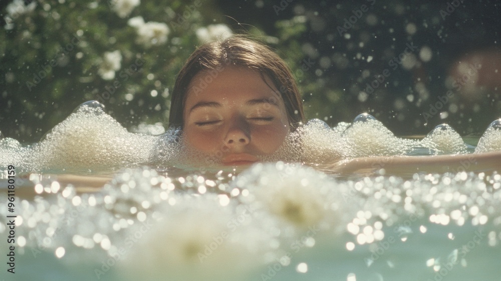 Obraz premium Dreamlike Water Garden Woman Floating Peacefully Amidst Bubbles in Sunlit Floral Setting