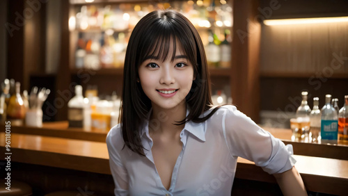 バーカウンターで微笑む魅力的な女性