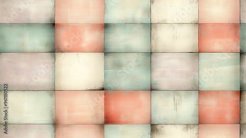 A pastel plaid pattern with light coral, soft mint, and pale lavender stripes, forming a traditional checkered pattern with smooth lines and soft, photo