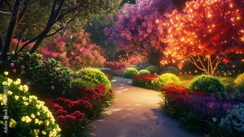 A beautifully lit garden path winds through a lush landscape of vibrant flowers and colorful trees. The warm, glowing light creates a peaceful and inviting atmosphere, ideal for illustrating a serene