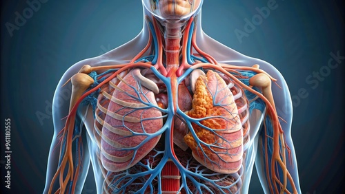 Detailed 3D anatomical model of human lungs, precisely labeled with bronchi, trachea, diaphragm, pulmonary arteries and veins, showcasing respiratory system's intricate structures and functions. photo