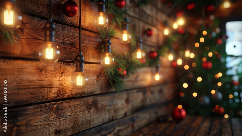 Wooden wall background, light oak texture, with hanging red and green lights and shining balls. Wooden wall background, light oak texture, with hanging red and green lights and shining balls.