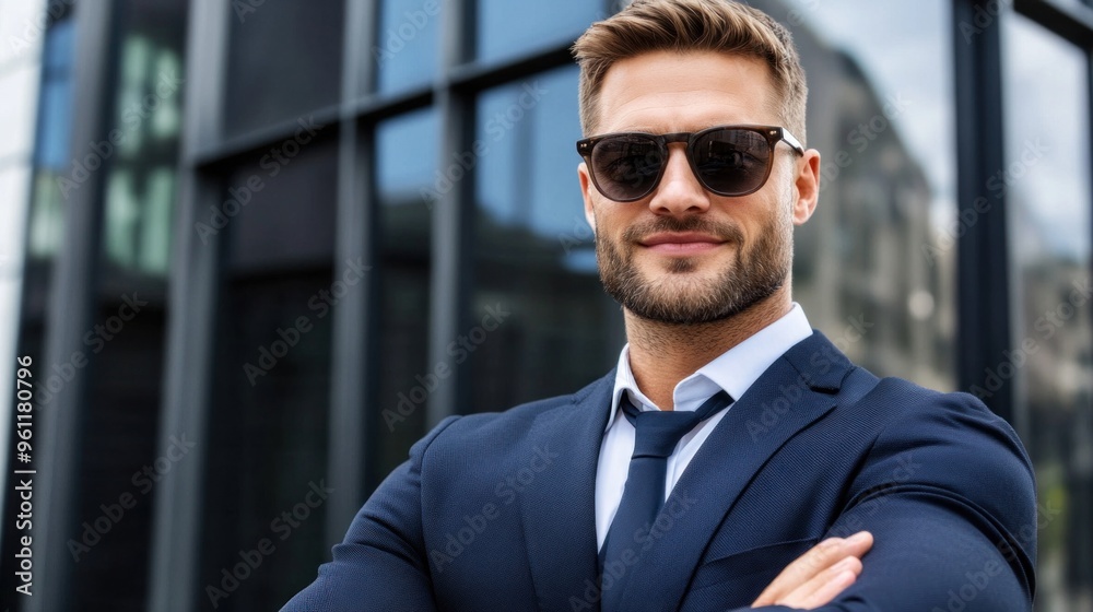 A well-dressed man stands confidently with his arms crossed outside a contemporary office building, wearing sunglasses and a tailored suit, enjoying the bright daylight A well-dressed man stands confidently with his arms crossed outside a contemporary office building, wearing sunglasses and a tailored suit, enjoying the bright daylight