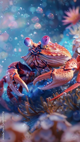 A close-up shot of a red crab with large claws against a blue background with bokeh.