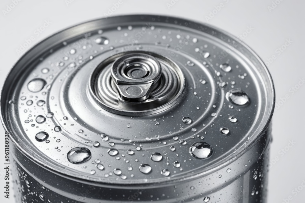 Aluminum can with water drops on white background, close view Aluminum can with water drops on white background, close view