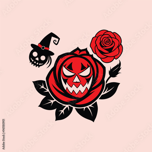 Halloween eyes with red rose silhouette illustration isolated on white background 