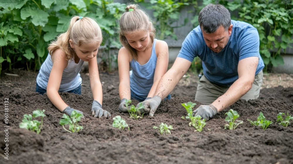 Two children and an adult work together in a garden, carefully planting young vegetable seedlings into rich, dark soil on a bright day Two children and an adult work together in a garden, carefully planting young vegetable seedlings into rich, dark soil on a bright day