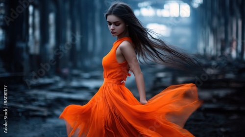 In a desolate, shadowy environment, a young woman twirls gracefully in an orange dress, her hair flowing in the breeze as she moves among the remnants of a forgotten industrial area