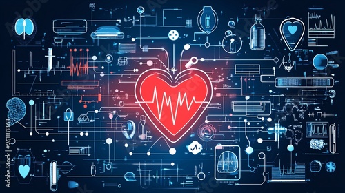 Biomedical engineering with heart monitor and medical tools in flat design Vector look Digital art Large space for text in center Stock Photo with copy space