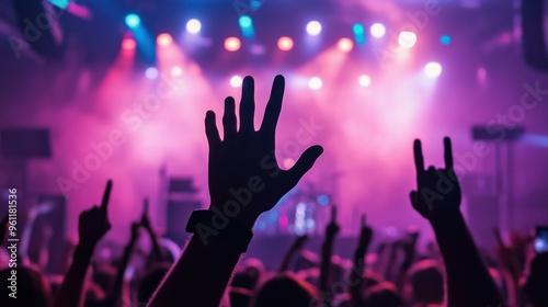 Fans cheer and wave their hands at a lively concert, creating an electric atmosphere filled with colorful lights as the music plays