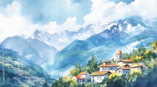 Vibrant Watercolor Landscape of a Serene Village Nestled Amongst Majestic Mountains and Lush Green Hills