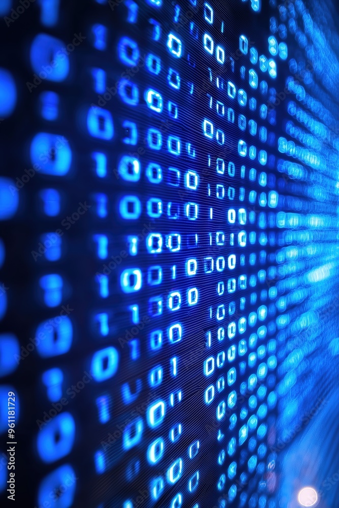 Close-up of blue binary code on a digital screen, representing data and technology concepts. Close-up of blue binary code on a digital screen, representing data and technology concepts.