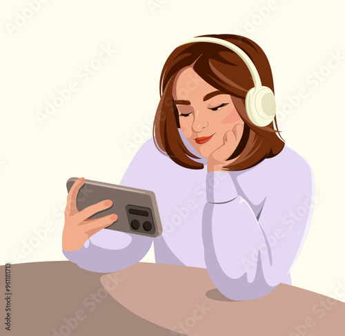 A woman with headphones and a mobile phone in her hands. A person with a smartphone in his hands communicates online via the Internet. Online communication, the concept of virtual relationships. 