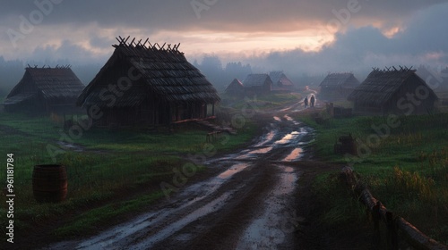 The soft light of dawn casts a serene glow over a quiet village, where two villagers stroll along a damp path lined by rustic houses and enveloped in morning mist photo