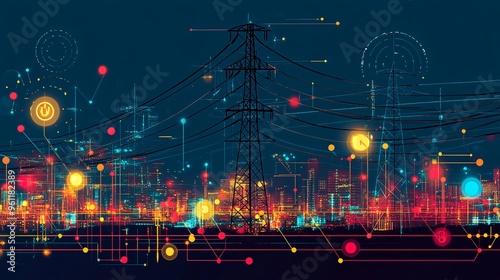 Electrical engineering smart grid system with power lines and energy waves in flat design Vector look Digital art Large space for text in center Stock Photo with copy space