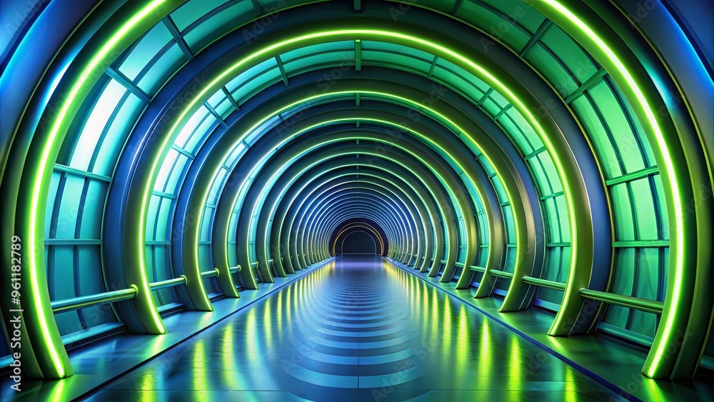 Futuristic tunnel with indigo and lime green arcs, softly lit exit Futuristic tunnel with indigo and lime green arcs, softly lit exit
