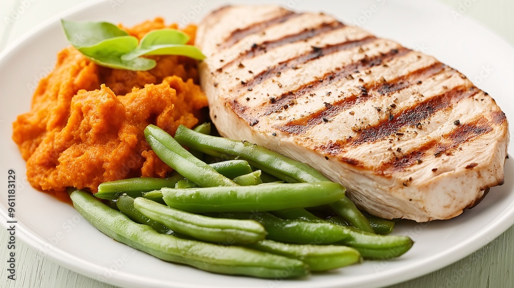 Grilled Chicken with Sweet Potato Mash and Green Beans Grilled Chicken with Sweet Potato Mash and Green Beans