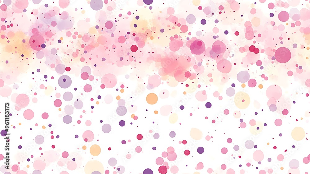 A seamless pastel confetti pattern with small, scattered dots and shapes in soft pink, light lavender, and pale yellow, gently spread across a white background,