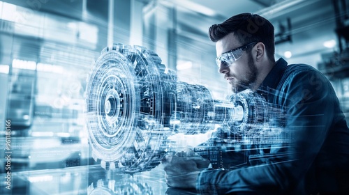 Mechanical engineer designing precise 3D gear system on digital interface