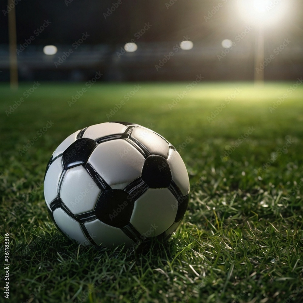 Fototapeta premium a soccer field with a soccer ball in front of the goal